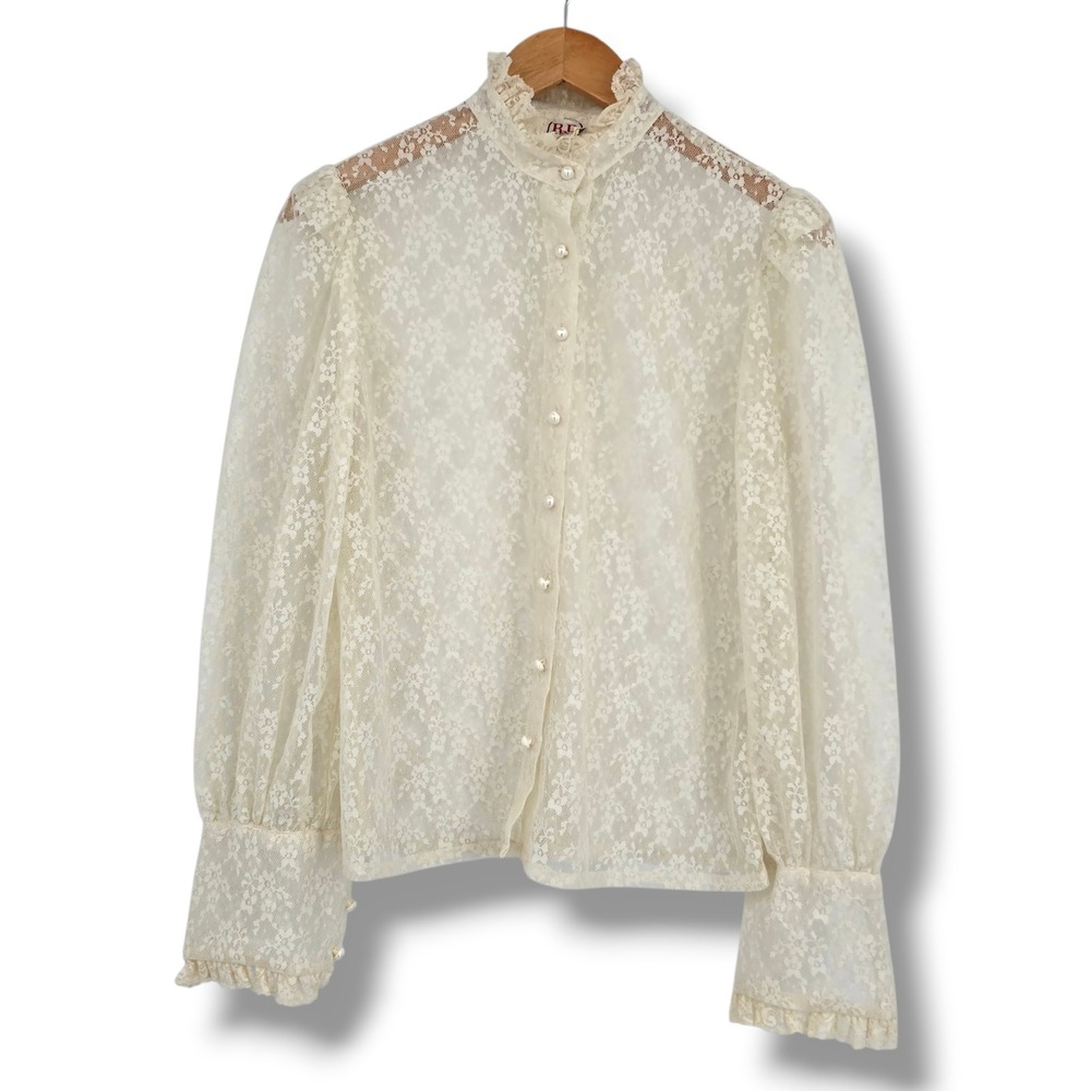 Vintage RD #2 Cream Floral Lace Blouse High Ruffle Neck Pearl Button Top 11/12
